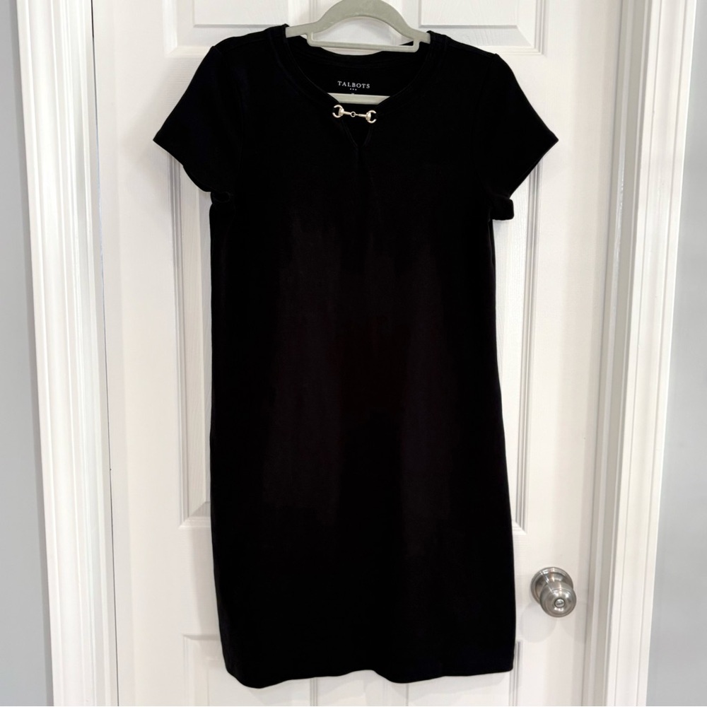 Talbots Black Short-Sleeve Classic Knit Dress Gold Hardware Women M 100% Cotton - Picture 5 of 11